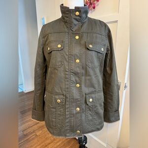 J. Crew Dark Olive Resin Coated Twill Utility Jacket with Gold Accents